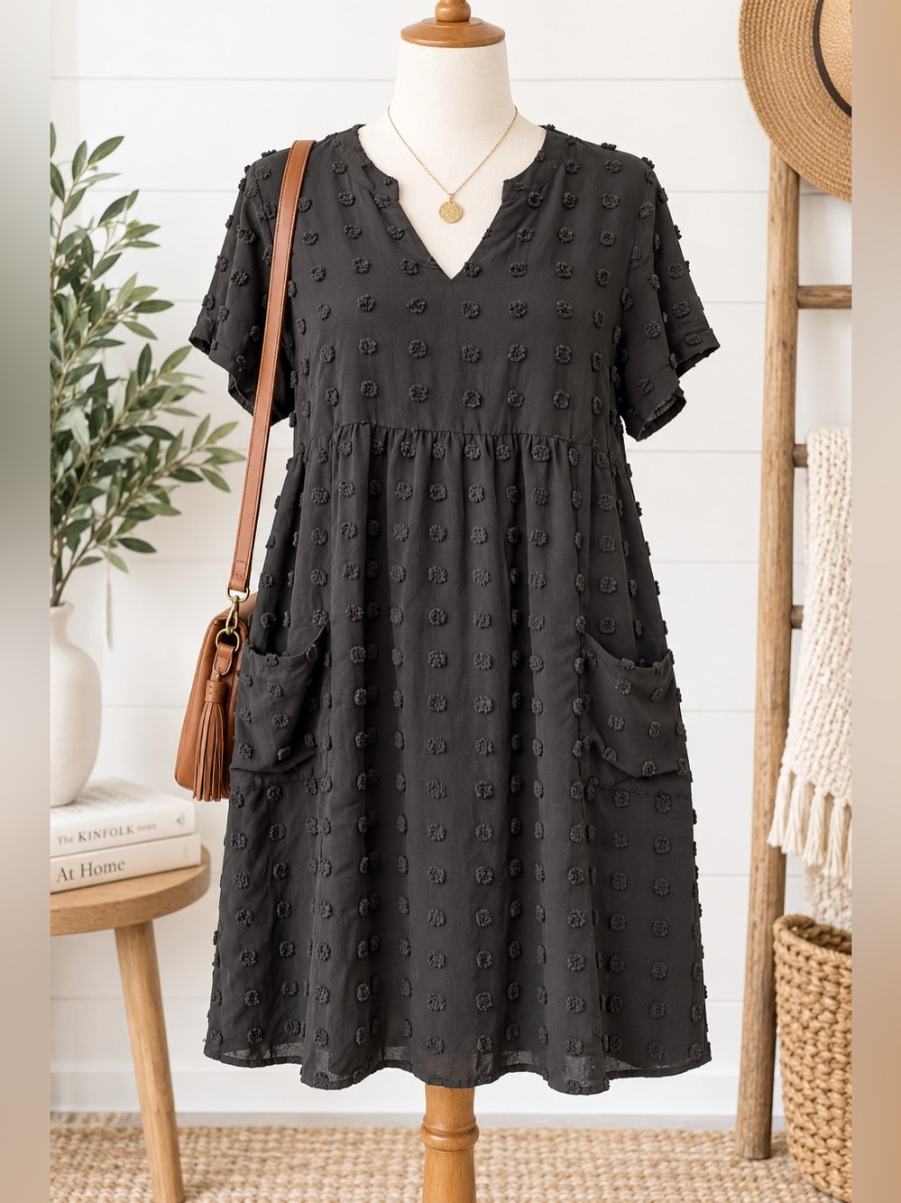 MIHOLL Black Textured Swiss Dot Babydoll Pocket Dress